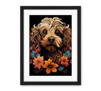 Artery8 Cockapoo Dog with Flowers Artwork Orange Brown Blue Floral Art Nouveau Portrait on Black Artwork Framed Wall Art Print 18X24 Inch