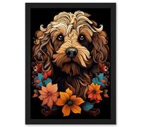 Artery8 Cockapoo Dog with Flowers Artwork Orange Brown Blue Floral Art Nouveau Portrait on Black Artwork Framed Wall Art Print A4