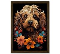 Artery8 Cockapoo Dog with Flowers Artwork Orange Brown Blue Floral Art Nouveau Portrait on Black Artwork Framed Wall Art Print A4