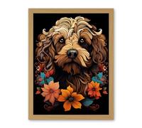 Artery8 Cockapoo Dog with Flowers Artwork Orange Brown Blue Floral Art Nouveau Portrait on Black Artwork Framed Wall Art Print 18X24 Inch