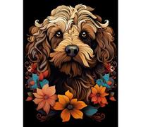 Artery8 Cockapoo Dog with Flowers Artwork Orange Brown Blue Floral Art Nouveau Portrait on Black Extra Large XL Wall Art Poster Print
