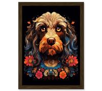 Artery8 Cockapoo Dog with Ornate Collar and Flowers Symmetrical Floral Artwork Orange Pink Blue Tribal Design on Black Artwork Framed Wall Art Print A4