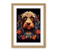Artery8 Cockapoo Dog with Ornate Collar and Flowers Symmetrical Floral Artwork Orange Pink Blue Tribal Design on Black Artwork Framed Wall Art Print 18X24 Inch
