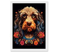 Artery8 Cockapoo Dog with Ornate Collar and Flowers Symmetrical Floral Artwork Orange Pink Blue Tribal Design on Black Artwork Framed A3 Wall Art Print