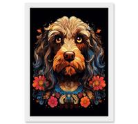 Artery8 Cockapoo Dog with Ornate Collar and Flowers Symmetrical Floral Artwork Orange Pink Blue Tribal Design on Black Artwork Framed Wall Art Print A4