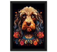 Artery8 Cockapoo Dog with Ornate Collar and Flowers Symmetrical Floral Artwork Orange Pink Blue Tribal Design on Black Artwork Framed A3 Wall Art Print