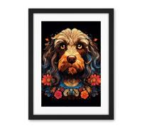Artery8 Cockapoo Dog with Ornate Collar and Flowers Symmetrical Floral Artwork Orange Pink Blue Tribal Design on Black Artwork Framed Wall Art Print 18X24 Inch