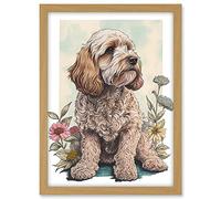 Artery8 Cockapoo Dog with Spring Wildflowers Soft Watercolour Illustration Artwork Framed A3 Wall Art Print