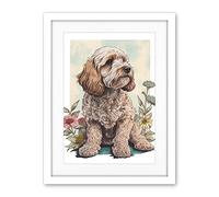 Artery8 Cockapoo Dog with Spring Wildflowers Soft Watercolour Illustration Artwork Framed Wall Art Print 18X24 Inch