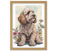 Cockapoo Dog with Spring Wildflowers Soft Watercolour Illustration Artwork Framed Wall Art Print A4 Artery8 Light Oak One Size