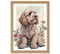 Cockapoo Dog with Spring Wildflowers Soft Watercolour Illustration Artwork Framed Wall Art Print A4 Artery8 Light Oak One Size