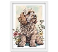 Cockapoo Dog with Spring Wildflowers Soft Watercolour Illustration Artwork Framed Wall Art Print A4 Artery8 White One Size