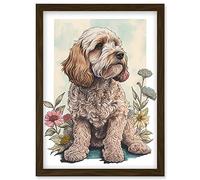 Artery8 Cockapoo Dog with Spring Wildflowers Soft Watercolour Illustration Artwork Framed Wall Art Print A4