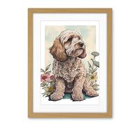 Artery8 Cockapoo Dog with Spring Wildflowers Soft Watercolour Illustration Artwork Framed Wall Art Print 18X24 Inch