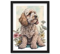Artery8 Cockapoo Dog with Spring Wildflowers Soft Watercolour Illustration Artwork Framed Wall Art Print A4