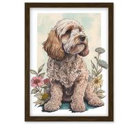 Cockapoo Dog with Spring Wildflowers Soft Watercolour Illustration Artwork Framed Wall Art Print A4 Artery8 Brown One Size