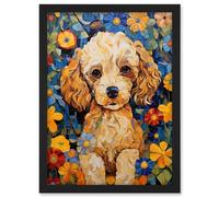 Artery8 Cockapoo Puppy Oil Painting Colourful Bright Bold Floral Fun Artwork Framed A3 Wall Art Print