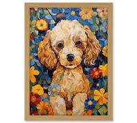 Artery8 Cockapoo Puppy Oil Painting Colourful Bright Bold Floral Fun Artwork Framed A3 Wall Art Print