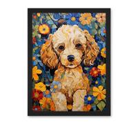Artery8 Cockapoo Puppy Oil Painting Colourful Bright Bold Floral Fun Artwork Framed Wall Art Print 18X24 Inch