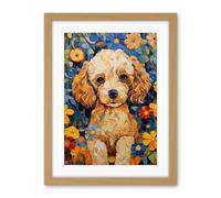 Artery8 Cockapoo Puppy Oil Painting Colourful Bright Bold Floral Fun Artwork Framed Wall Art Print 18X24 Inch