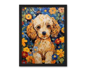 Artery8 Cockapoo Puppy Oil Painting Colourful Bright Bold Floral Fun Artwork Framed Wall Art Print 18X24 Inch