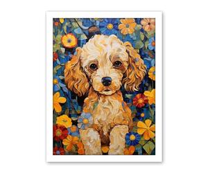 Artery8 Cockapoo Puppy Oil Painting Colourful Bright Bold Floral Fun Artwork Framed Wall Art Print 18X24 Inch