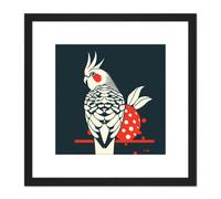 Artery8 Cockatiel Cockatoo Strawberry Tropical Bird Fruit Modern Retro Style Navy White Red Square Wooden Framed Wall Art Print Picture 8X8 Inch Artery8 Black