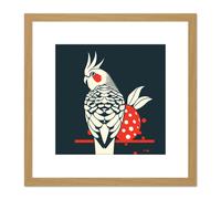 Artery8 Cockatiel Cockatoo Strawberry Tropical Bird Fruit Modern Retro Style Navy White Red Square Wooden Framed Wall Art Print Picture 8X8 Inch Artery8 Light Oak