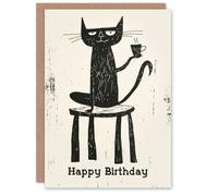 Artery8 Coffee Lover Cartoon Cat With Cup Black Birthday Card Artery8 Black