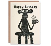 Artery8 Coffee Lover Cartoon Monkey Chimp Black Blank For Him Or Her Art Birthday Card