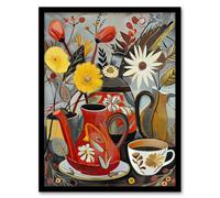Artery8 Coffee Pot Cup Wildflower Bouquet Vase Painting Kitchen Artwork Framed Wall Art Print A4