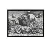 Artery8 Collaert Sea Monsters Around A Ship Framed Canvas Wall Art Print in Grey | Size: W24" x H32" Artery8 Grey W24" x H32"