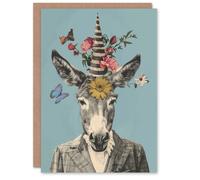 Artery8 Birthday Card Collage Party Time Stylish Floral Donkey Portrait Blank Arty Art All Occasion Greeting Card
