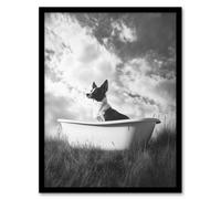 Artery8 Framed Wall Art Collie In A Bathtub Black White Surreal Dog Lover Print - 12X16 Inch