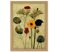 Artery8 Colourful Abstract Autumn Wildflowers Artwork Framed Wall Art Print A4 in Light Oak Artery8 Light Oak