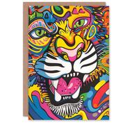 Artery8 Colourful Arty Tiger Portrait Fun Bold Hippy Greeting Birthday Card Him Her All Blank