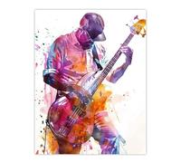 Colourful Bassist Watercolour Musician Portrait Wall Art Print Artery8 Purple W24 inch x H32 inch