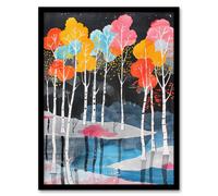 Artery8 Colourful Birch Trees River Landscape Painting Framed Wall Art | Size: A4 Artery8 Multicolor A4