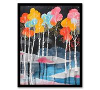 Artery8 Colourful Birch Trees River Landscape Painting Wall Art Print - A4 Size