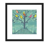 Artery8 Colourful Birds Perching on Lone Tree Branches in Teal Blue Mountain Landscape Square Wooden Framed Wall Art Print Picture 8X8 Inch in Black Artery8 Black