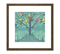 Artery8 Colourful Birds Perching on Lone Tree Branches in Teal Blue Mountain Landscape Square Wooden Framed Wall Art Print Picture 8X8 Inch in Brown Artery8 Brown