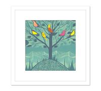 Artery8 Colourful Birds Perching on Lone Tree Branches in Teal Blue Mountain Landscape Square Wooden Framed Wall Art Print Picture 8X8 Inch in White Artery8 White