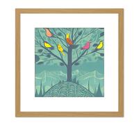 Artery8 Colourful Birds Perching on Lone Tree Branches in Teal Blue Mountain Landscape Square Wooden Framed Wall Art Print Picture 8X8 Inch Artery8 Light Oak