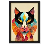 Artery8 Colourful Boho Abstract Cat Illustration Artwork Framed Wall Art Print A4 in Black Artery8 Black