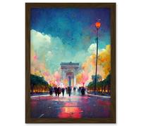 Artery8 Colourful Champs-Elysees & Arc De Triomphe Modern Artwork Framed Wall Art Print A4 in Brown Artery8 Brown