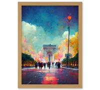 Artery8 Colourful Champs-Elysees & Arc De Triomphe Modern Artwork Framed Wall Art Print A4 in Light Oak Artery8 Light Oak