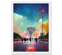 Artery8 Colourful Champs-Elysees & Arc De Triomphe Modern Artwork Framed Wall Art Print A4 in White Artery8 White