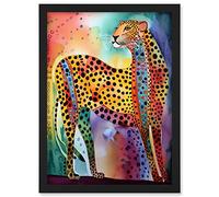 Artery8 Colourful Cheetah Folk Art Watercolour Painting Artwork Framed A3 Wall Art Print