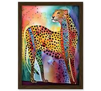 Artery8 Colourful Cheetah Folk Art Watercolour Painting Artwork Framed A3 Wall Art Print