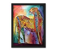 Artery8 Colourful Cheetah Folk Art Watercolour Painting Artwork Framed Wall Art Print 18X24 Inch